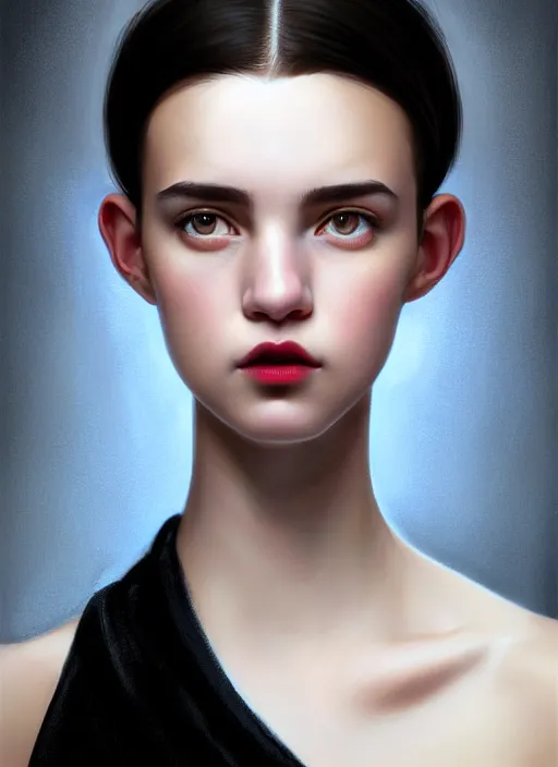 Image similar to portrait of white teenage girl, narrow face, short black hair and eyebrows, bangs, half updo hairstyle, buck teeth, unattractive, defined jawline, long chin, smile, hair bow, intricate, elegant, glowing lights, highly detailed, digital painting, artstation, sharp focus, illustration, art by wlop, mars ravelo and greg rutkowski