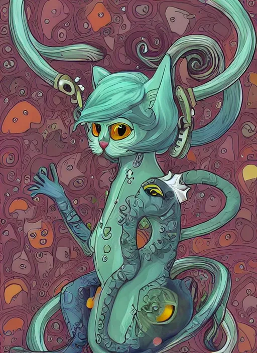 Prompt: cat seahorse fursona wearing headphones, autistic bisexual graphic designer and musician, attractive androgynous humanoid, coherent detailed character design, weirdcore voidpunk digital art by artgerm, wlop, louis wain, furaffinity, cgsociety, trending on deviantart