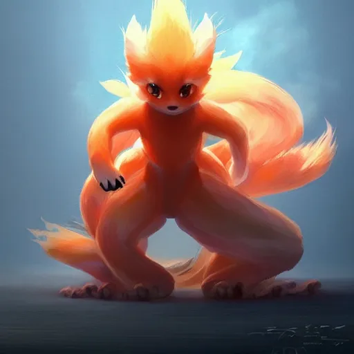 Image similar to pokemon fox ninetails of fire, artstation greg rutkowski, cinematic, hyperrealist, digital art