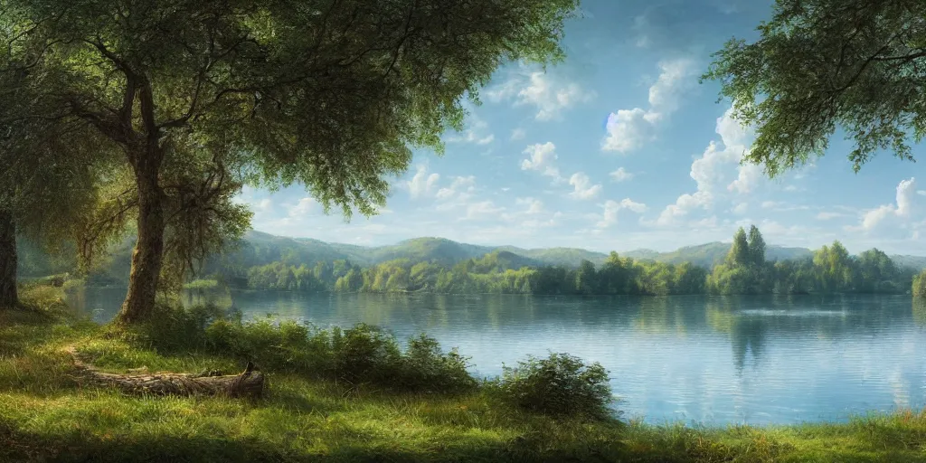 Image similar to a beautiful lake landscape in summer, by Ernest deutsch + Ted Nasmith, cinematic lighting, masterpiece, highly detailed, 8k resolution, trending on art station