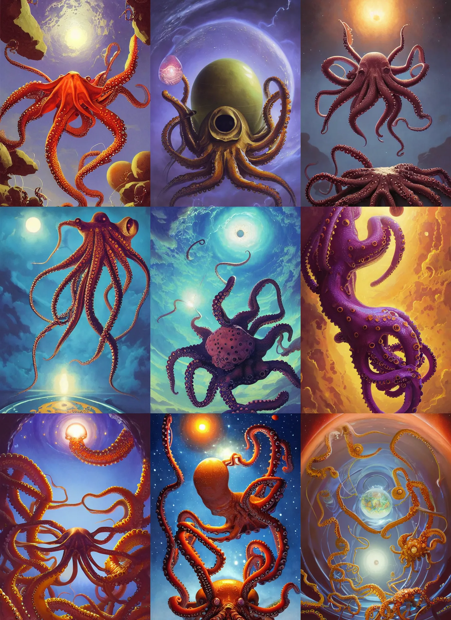 Prompt: opening of the universe's 1 0 th dimension unlocking gravity and momentum, evil looking slimy octopus crab near earth, translucent eggs, bright colors, sargent, leyendecker, greg hildebrandt, stephen bliss, intricate fantasy, greg rutkowski, loish, rhads, ferdinand knab, makoto shinkai, ilya kuvshinov, rossdraw