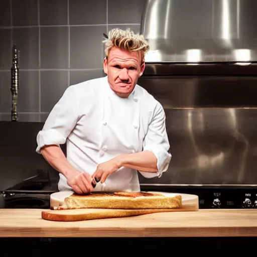 Image similar to Gordon Ramsay making a grilled cheese sandwich, professional still photograph, studio lighting