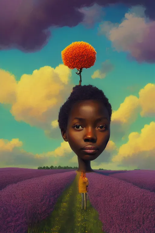 Image similar to portrait, giant lilac flower as head, black girl in heather field, surreal photography, golden hour, colorful clouds, impressionist painting, digital painting, artstation, simon stalenhag