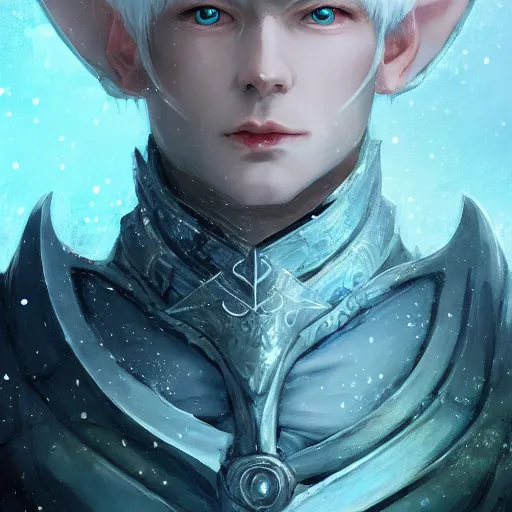 Prompt: close - up portrait of a handsome male snow elf in a turquoise cape and silver ornate armour as an archer, albino skin, winter vibes, perfect face, elegant, very coherent symmetrical artwork, atmospheric lighting, rule of thirds, by wenjun lin, krenz cushart, charlie bowater, trending on artstation