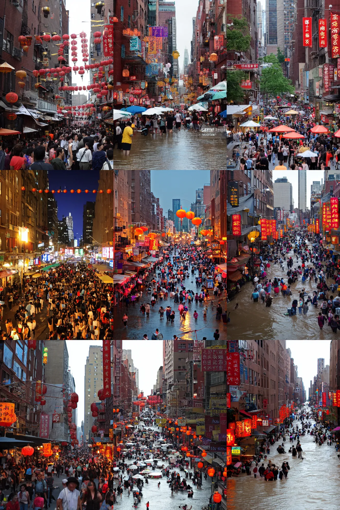 Prompt: an evening festival in manhattan ’ s chinatown, in the age of the great floods,