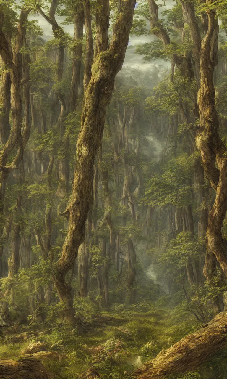 Prompt: A detailed matte painting of a huge forest in Spring in the 15th Century, art by Wylie Beckert and Eric Fortune, highly detailed award-winning masterpiece with incredible and beautiful details, trending on ArtStation