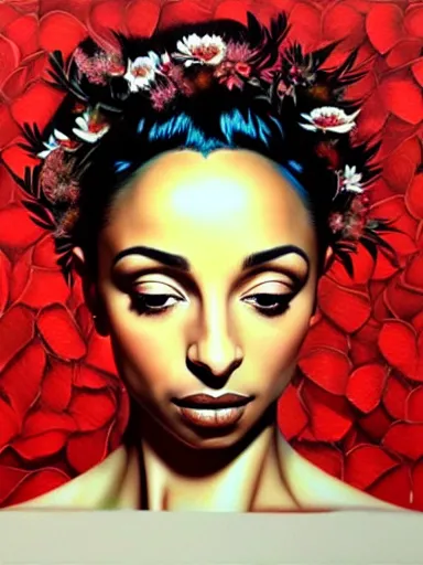 Prompt: portrait of sade with a floral background : : painted by artgerm, karol bak, artur bordalo, sandra chevrier : : portrait, character, illustration, hyperrealism, photorealism