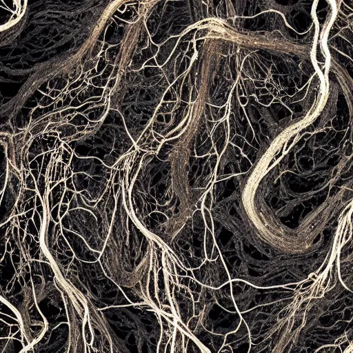 Image similar to photograph of a pitch black, tar - like fungus with lots of tendrils spreading everywhere, intricate detail, goopy, deep black roots, infestation