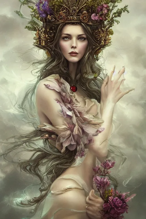 Prompt: portrait matte fine art of the beauty goddess catriona balfe, she has a crown of stunning flowers and gemstones, background full of stormy clouds, by peter mohrbacher