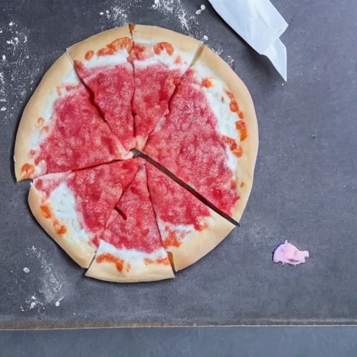 Prompt: a plain pepperoni pizza with pepto bismol sauce.