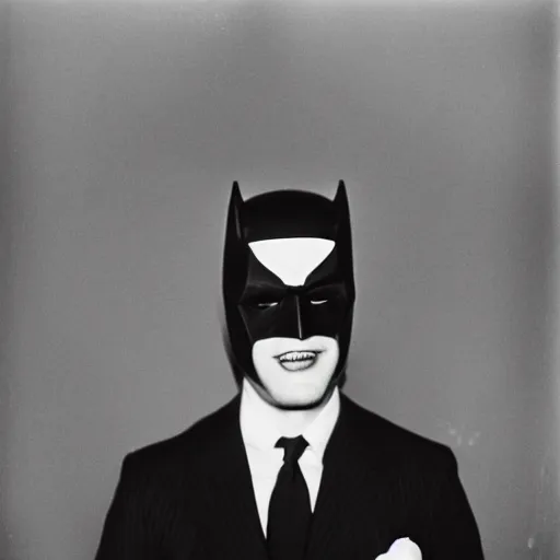 Image similar to portrait of a fake drunk Batman by Diane Arbus, 50mm, black and white
