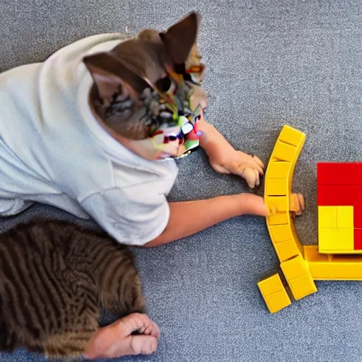 Prompt: a cat and a kid playing with Lego