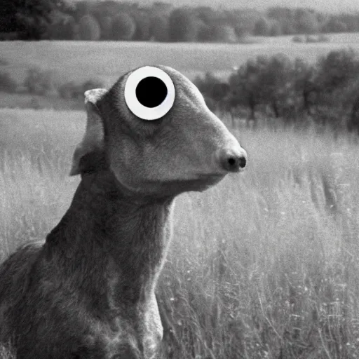 Image similar to beautiful woman with a long snout, wearing eyeballs on her head, in the countryside 1974 arthouse film, archival footage, technicolor film expired film