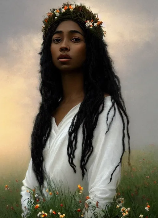 Prompt: oil painting close up portrait of a serene young black woman with long dark flowing hair in a white dress, wearing a crown of wildflowers!! at sunset, hazy, digital art, chiaroscuro, artstation, cinematic, golden hour, digital art painting by greg rutkowski, william - adolphe bouguereau, hazy atmosphere, cinematic lighting