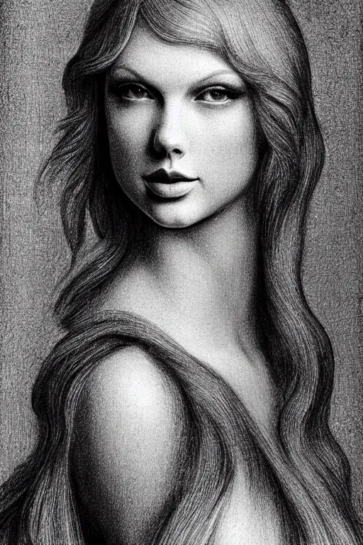 Image similar to a portrait of taylor swift in the style of leonardo da vinci drawing,, single head, no double head,