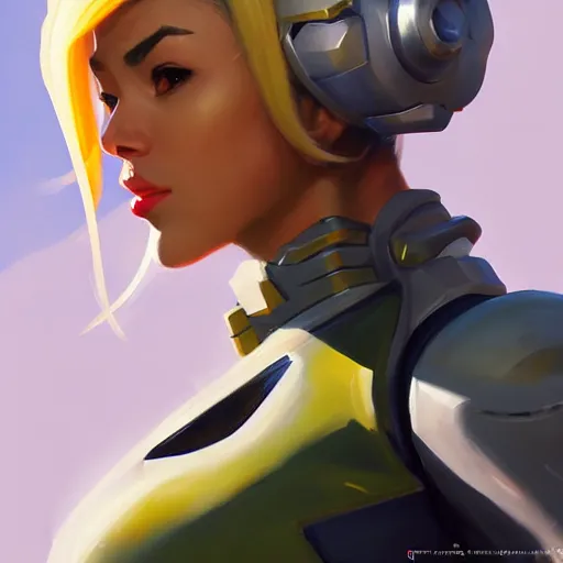 Image similar to Greg Manchess portrait painting o fSamus Aran as Overwatch character, medium shot, asymmetrical, profile picture, Organic Painting, sunny day, Matte Painting, bold shapes, hard edges, street art, trending on artstation, by Huang Guangjian and Gil Elvgren and Sachin Teng