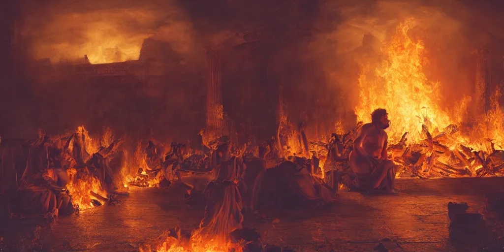 Image similar to Painting of Emperor Nero watching the great fire of rome, abstract, realism, 8k, detailed, terror, octane render, 3d render, complex emotion, glow, realistic people