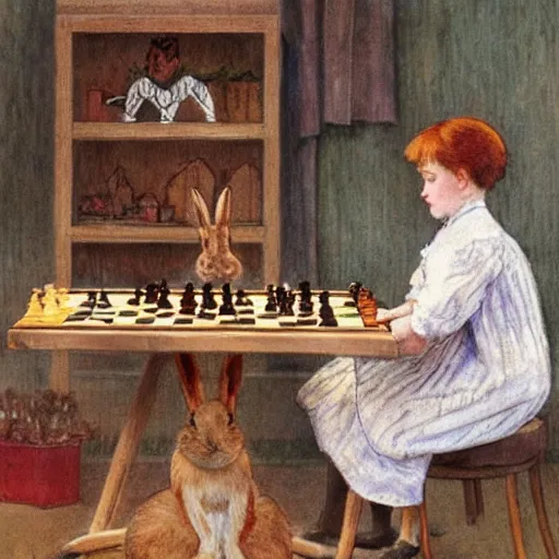 Image similar to a young edwardian woman playing chess against a rabbit, in the style of Carl Larsson