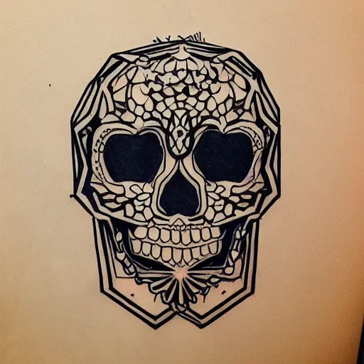 Prompt: tattoo design, stencil, tattoo stencil, traditional, a world famous tattoo of a geometric skull with a galaxy coming out of the top of its head-s 100