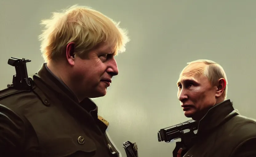 Prompt: Boris Johnson vs Vladimir Putin, face to face staring, civil war style, highly detailed, digital painting, artstation, concept art, smooth, sharp focus, illustration, cinematic lighting, art by artgerm and greg rutkowski and alphonse mucha