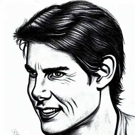 Image similar to a portrait drawing of Tom Cruise drawn by Robert Crumb