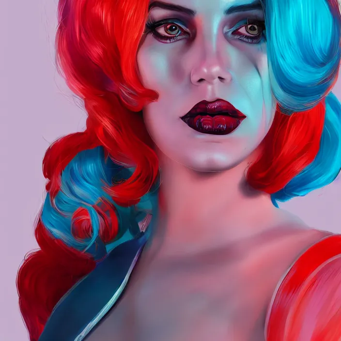 Image similar to portrait of lana del ray as a harley quinn. intricate abstract. intricate artwork. smooth. by Tooth Wu, wlop, beeple, dan mumford. octane render, trending on artstation, greg rutkowski very coherent symmetrical artwork. cinematic, hyper realism, high detail, octane render, 8k, iridescent accents