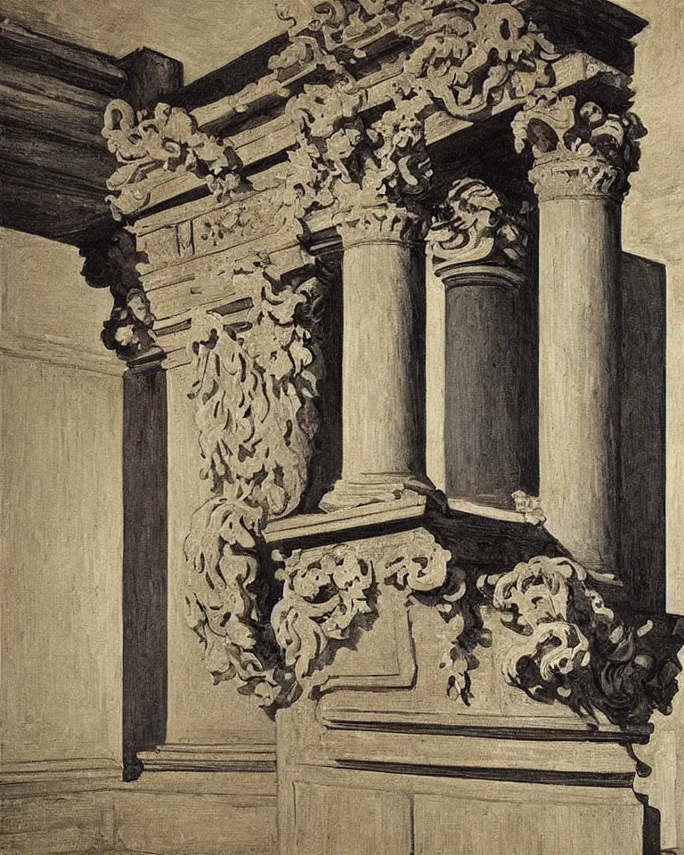 Image similar to achingly beautiful painting of intricate ancient roman corinthian capital on black background by rene magritte, monet, and turner. giovanni battista piranesi.