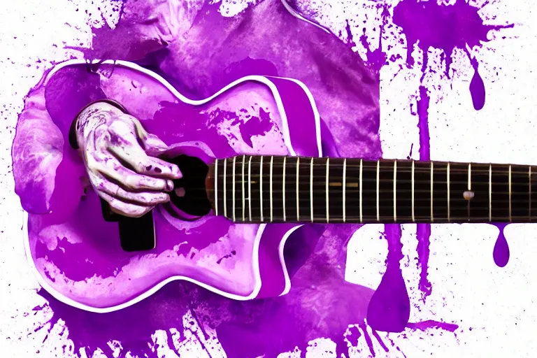 Image similar to dripping purple faded paint across the shape of a male human playing guitar, realistic, high detail, on a white background