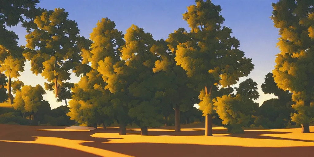 Image similar to silly, in the forest, blue sky, summer evening, kenton nelson