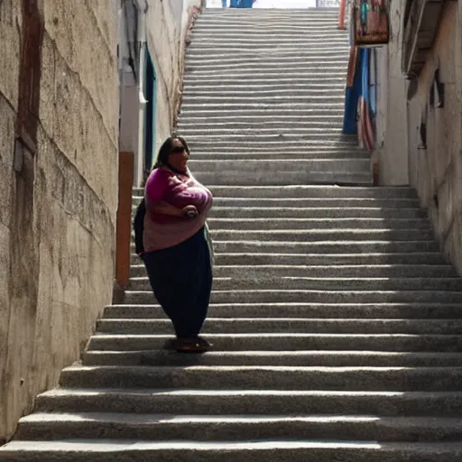 Prompt: an obese Indian woman holding a rollator climbing steps in Porto