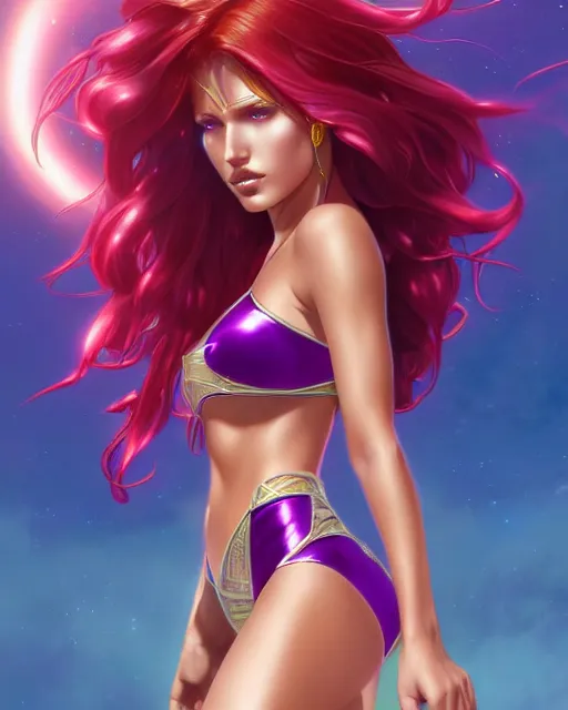 Image similar to ultra realistic photograph, bella thorne as starfire anime, shiny plastic bikini, intricate, elegant, highly detailed, digital painting, artstation, concept art, smooth, sharp focus, illustration, art by artgerm and greg rutkowski and alphonse mucha and wlop