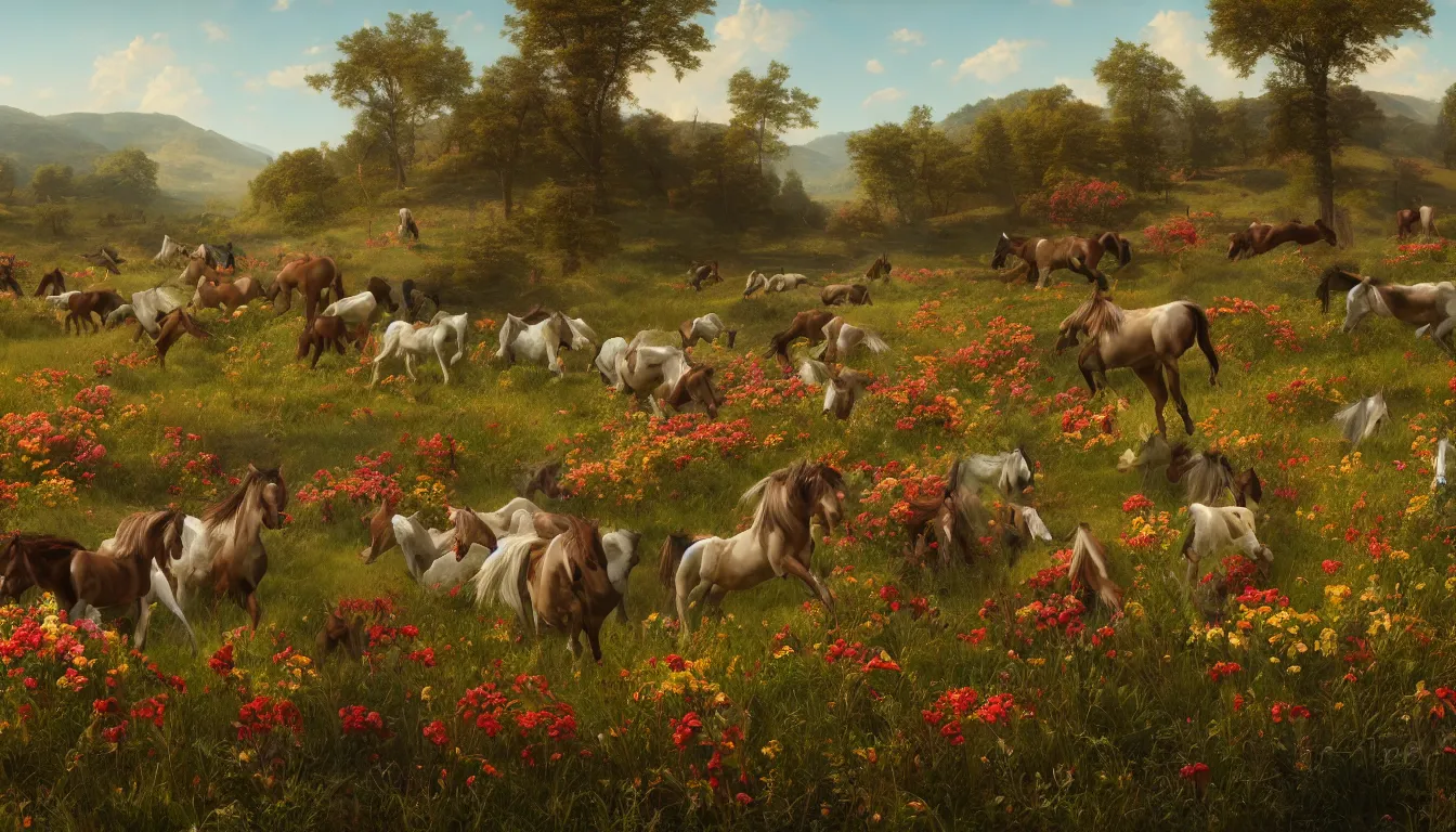 Prompt: An epic fantastic realism comic book style painting of the most beautiful flowers covering a herd of battling wild horses, fisheye lens, painted by the Hudson River school, unreal 5, DAZ, hyperrealistic, octane render, dynamic lighting