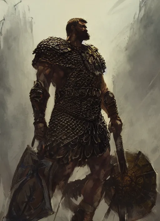 Image similar to ancient historically accurate depiction of the Bible Character Goliath of Gath, the Philistine warrior giant in ancient persian chainmail armor, dramatic lighting art by Yoji Shinkawa by Richard Schmid by greg rutkowski by Sandra Chevrier by Jeremy Lipking cinematic dramatic