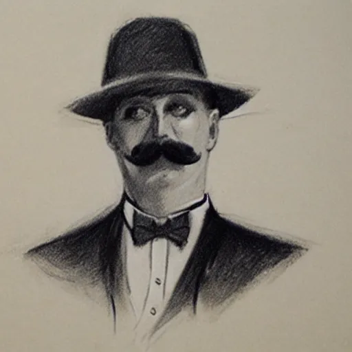 Prompt: charcoal sketch of an early 20th century occult detective from the german empire, mustache, bow tie