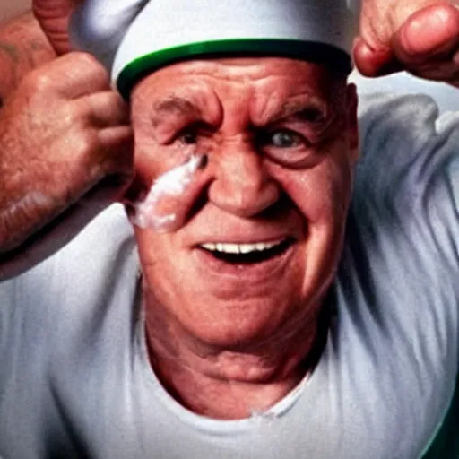 Image similar to a real life popeye the sailor crashing a can of spinach
