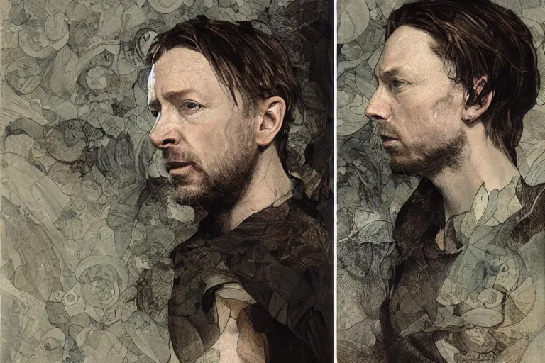 Image similar to hyper realistic portrait of thom yorke singer songwriter, side, liminal space, by lee bermejo, alphonse mucha and greg rutkowski