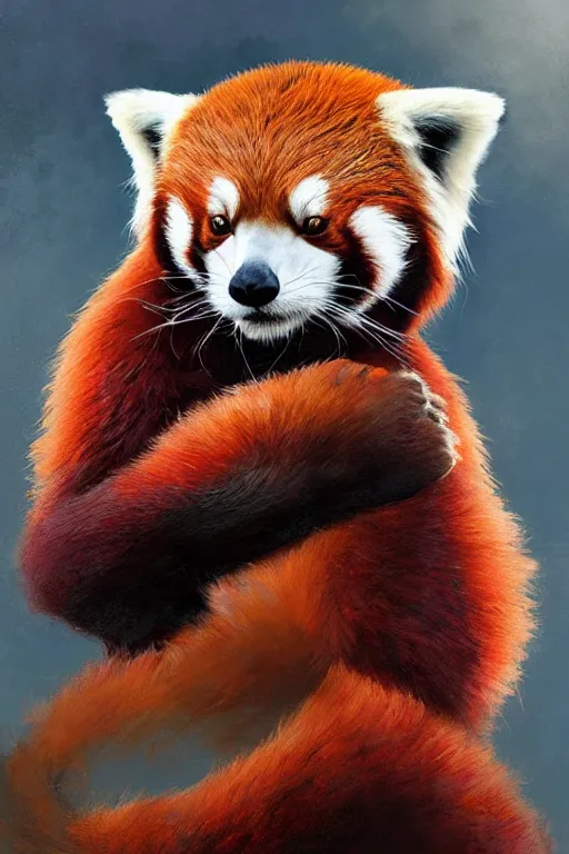 Prompt: portrait of the red panda bestower of the chaparral by artgerm and Craig Mullins, James Jean, Andrey Ryabovichev, Mark Simonetti and Peter Morbacher 16k