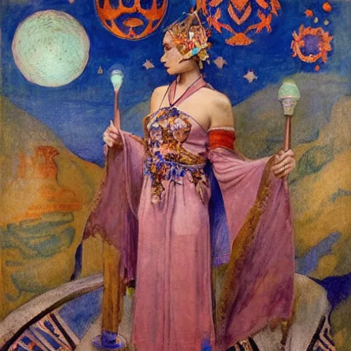 Image similar to queen of the dawn with her lantern and regalia, by Annie Swynnerton!! and Nicholas Roerich! and ((((((Tino Rodriguez and Diego Rivera)))))), embroidered robes, floral tattoos, bioluminescent skin!, elaborate costume, geometric ornament, symbolist, soft colors, dramatic lighting, smooth, sharp focus, extremely detailed