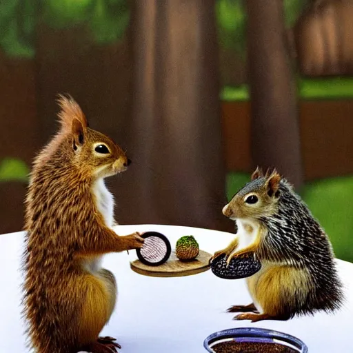 Image similar to a squirrel and a hedgehog sit at a round table and they are shaking hands, a peace treaty sits in the middle of the table, historic photo, united nations