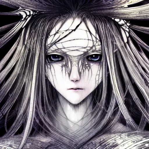 Image similar to yoshitaka amano blurred and dreamy realistic illustration of an anime girl with wavy white hair and cracks on her face wearing elden ring armour with the cape fluttering in the wind, abstract black and white patterns on the background, noisy film grain effect, highly detailed, renaissance oil painting, weird portrait angle