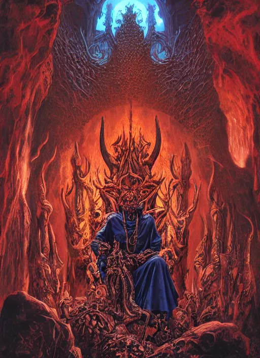 Prompt: a demon king on his throne of human bones in a faustian cave hellscape, fire, highly detailed, intricate, art nouveau, brutalist architecture, cinematic, wide angle, hellcore, epic lighting, red, blue, 4 k by brom, wayne barlowe