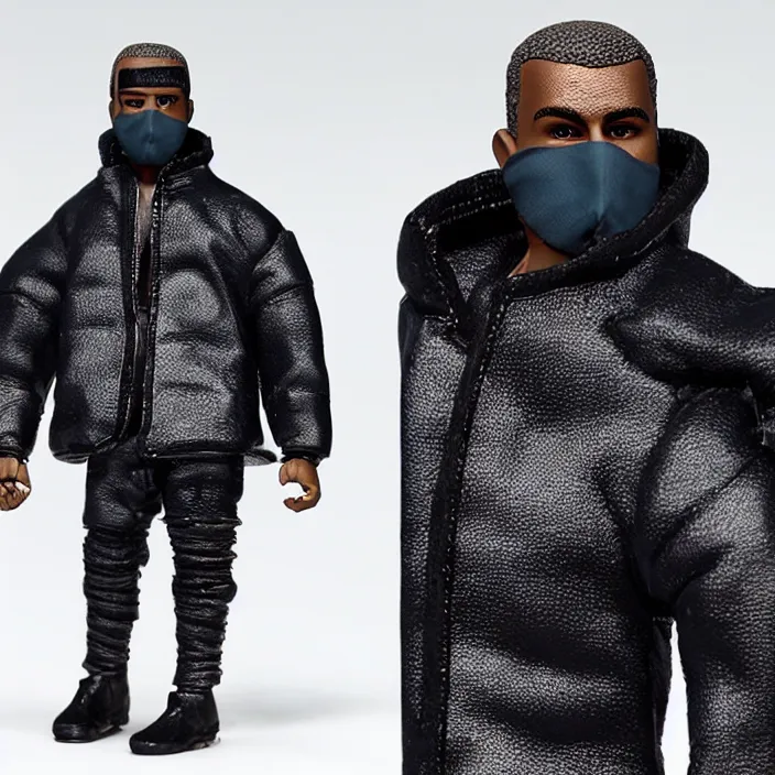 Image similar to a action figure of kanye west using a full face covering black mask, a small, tight, undersized reflective bright blue round puffer jacket made of nylon, dark jeans pants and big black balenciaga rubber boots, figurine, detailed product photo