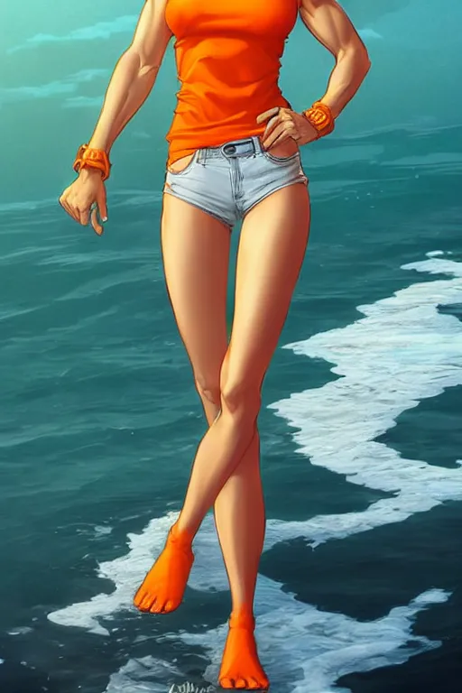 Image similar to a gorgeous hulking beast of a woman with very long hip-length blonde hair, wearing a cut-off white top and orange cut-off shorts standing by the water, in the style of artgerm and moebius and annie liebovitz, marvel comics, photorealistic, highly detailed, trending on artstation