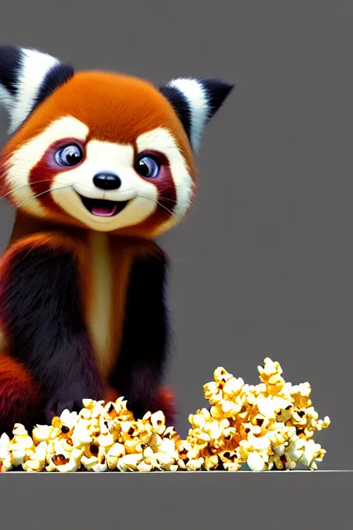 Prompt: high quality 3 d render hyperrealist very cute gothic happy red panda & koala hybrid eating popcorn, vray smooth, detective pikachu, very dramatic light, low angle, uhd 8 k, shallow depth or field