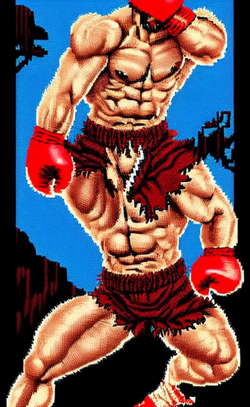 Image similar to 8 bit nes graphics. antropomorphic muscular masculine wolf. kickboxer fighter, in shorts. wolf head. fine details, very sharp, art from nes game cartridge, marc simonetti and hermann nitsch