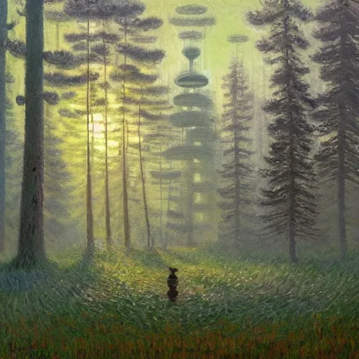 Prompt: A magical forest by Simon Stålenhag and Claude Monet