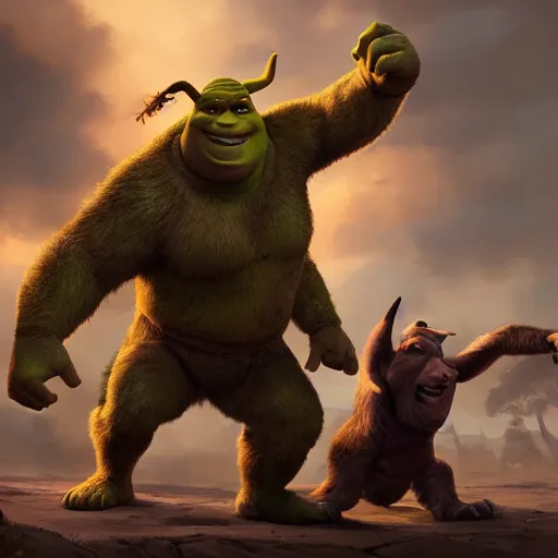 Image similar to shrek fighting an evil donkey, dynamic, action pose, digital painting, WLOP, trending on artstation, 8k, epic composition, highly detailed, sharp focus