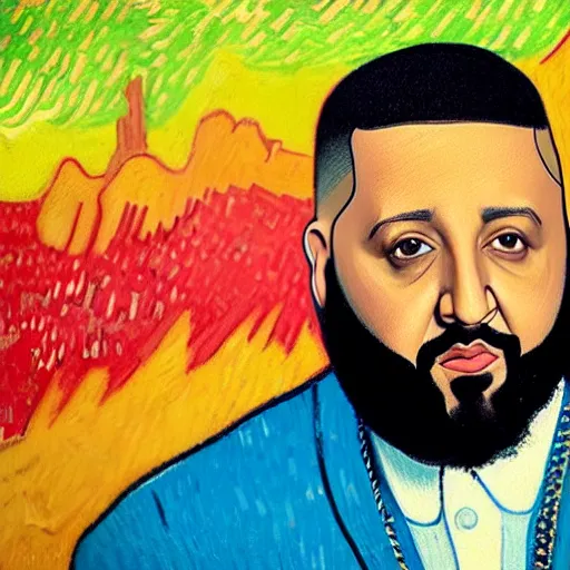 Image similar to ultra realistic portrait of dj khaled in a studio, ultra detailed, under blue, red and yellow cinematic lighting, by van gogh, cartoon, monument valley, escher