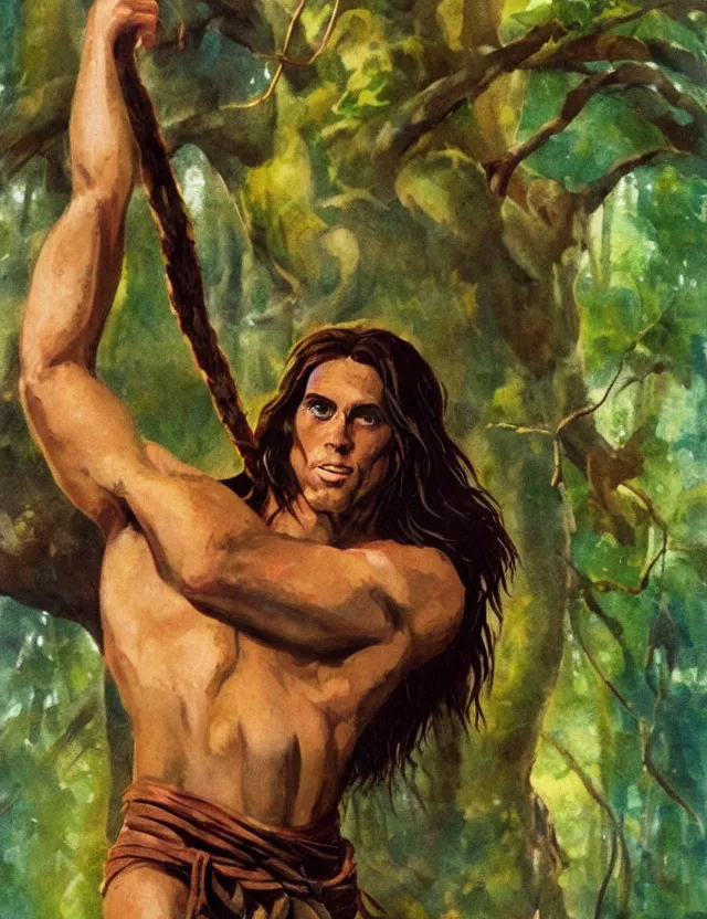 Prompt: steve o swinging as tarzan. gouache fairytale art, russian romanticism, muted palette, backlighting, depth of field