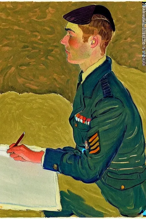 Image similar to a beautiful painting of a soldier writing a letter to home, in the trench, wwii, cuno amiet